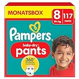 Pampers Windeln Pants Größe 8 (19kg+) Baby-Dry, MONATSBOX, Windelhöschen mit 360° Fit, 117 Höschenwindeln