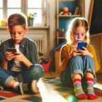 DALL·E 2024 02 29 14.41.51 In a childrens room filled with sunlight a boy and a girl aged between 8 and 12 sit side by side on a cozy rug. They are each focused intently on