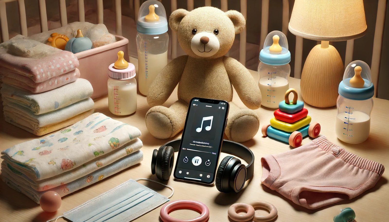 DALL·E 2024 06 16 12.20.22 A photorealistic image of a smartphone and headphones placed among baby items like diapers toys and baby bottles. The setting is a cozy and tidy nur