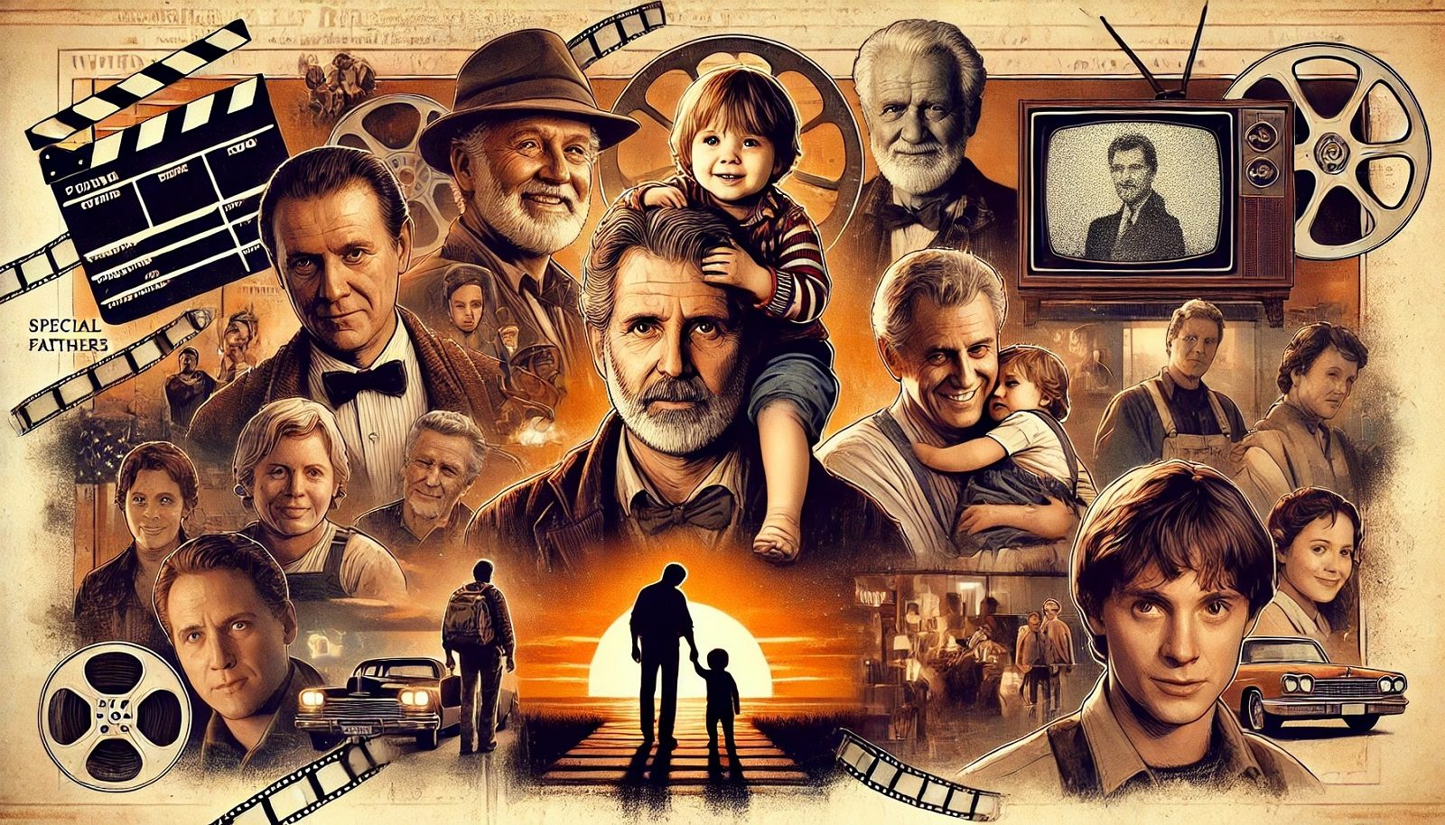 DALL·E 2024 07 15 09.23.52 A key visual for a magazine article about special fathers in movies and TV shows. The image should feature a collage of iconic father figures from var